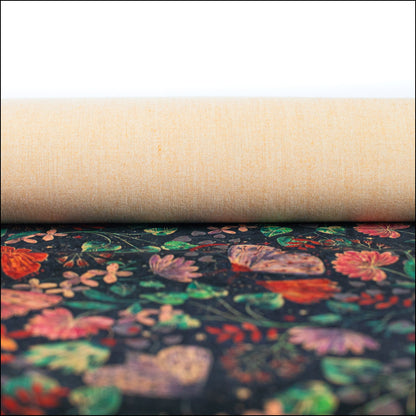 Naturally Cork Fabric With Butterfly And Floral Patterns On Black Background Cof-313-A Cork Fabric