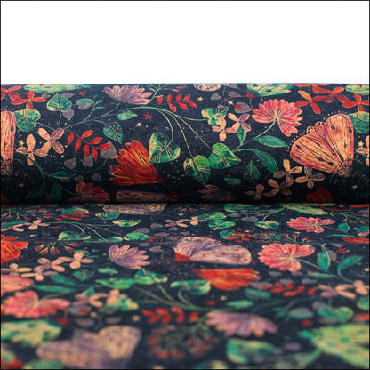 Naturally Cork Fabric With Butterfly And Floral Patterns On Black Background Cof-313-A Cork Fabric