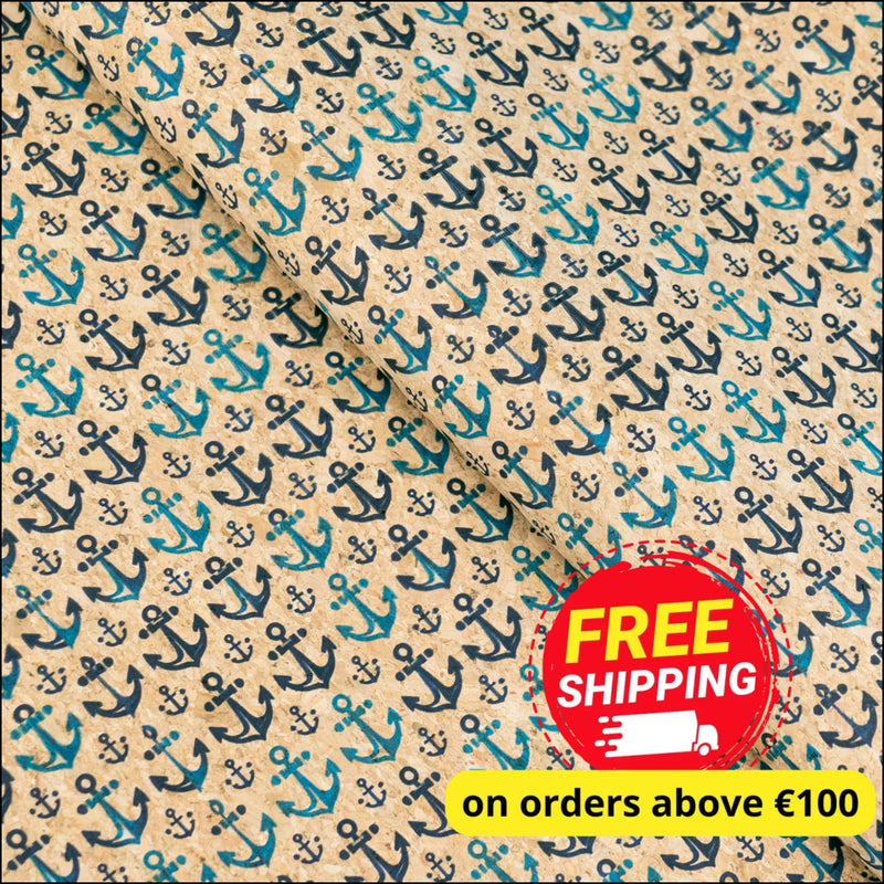Nautical Theme: Blue Anchors Pattern Cork Fabric COF-791 1/2M (138*50 cm / 54*19 inches) cork fabric