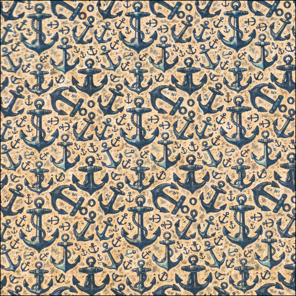 Nautical Theme: Multi Size Blue Anchors Pattern Cork Fabric COF-792 1/2M (138*50 cm / 54*19 inches) cork fabric