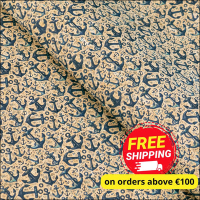 Nautical Theme: Multi Size Blue Anchors Pattern Cork Fabric COF-792 1/2M (138*50 cm / 54*19 inches) cork fabric