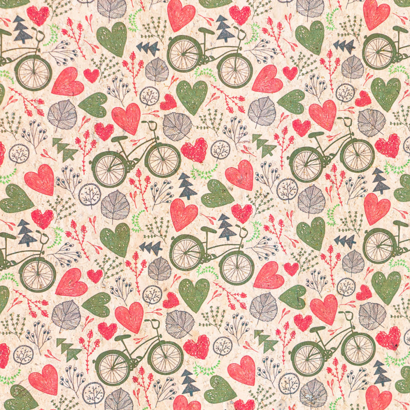 Printed Cork Fabric With Bicycle And Heart Design Cof-549 Cork Fabric