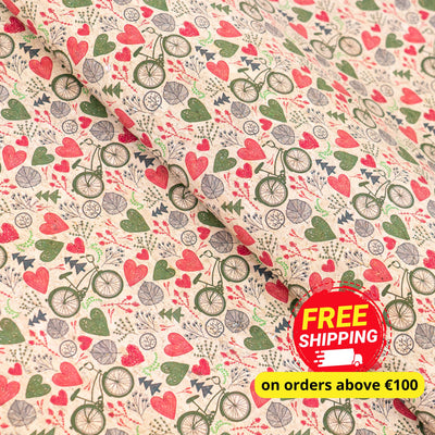 Printed Cork Fabric With Bicycle And Heart Design Cof-549 Cork Fabric