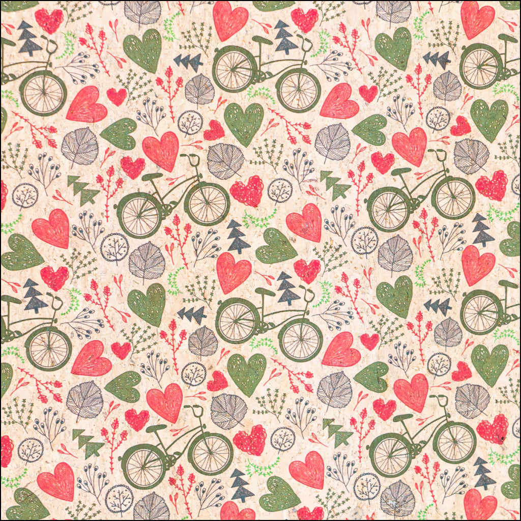 Printed Cork Fabric With Bicycle And Heart Design Cof-549 Cork Fabric