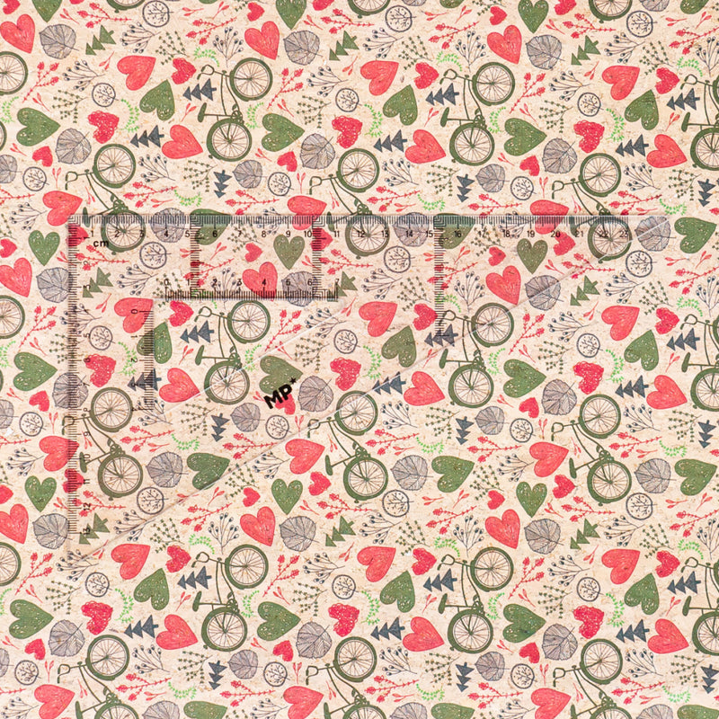 Printed Cork Fabric With Bicycle And Heart Design Cof-549 Cork Fabric