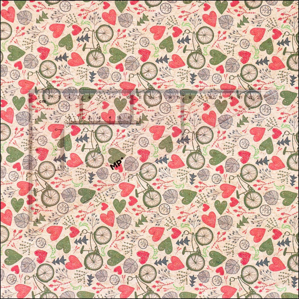 Printed Cork Fabric With Bicycle And Heart Design Cof-549 Cork Fabric