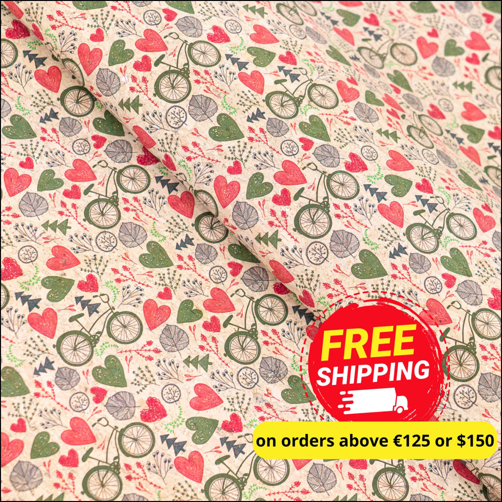 Printed Cork Fabric With Bicycle And Heart Design Cof-549 Cork Fabric