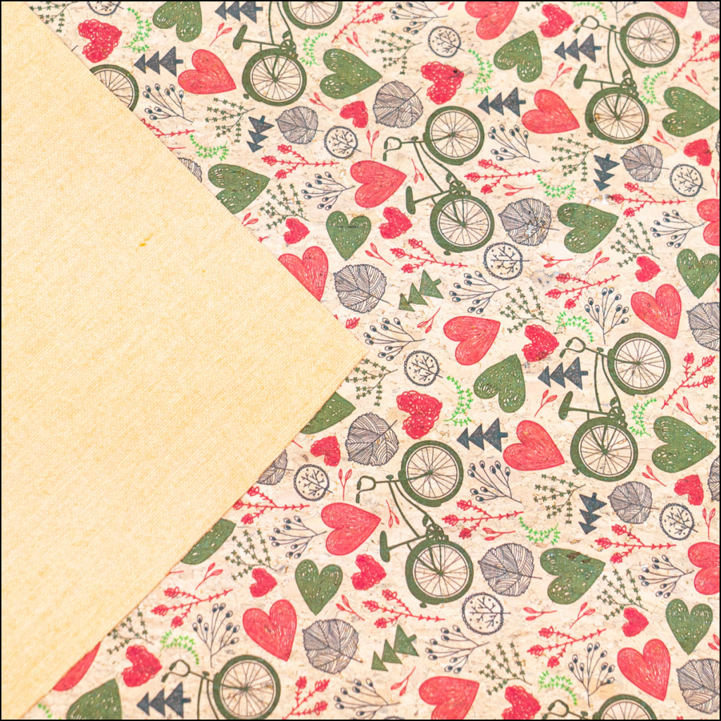 Printed Cork Fabric With Bicycle And Heart Design Cof-549 Cork Fabric