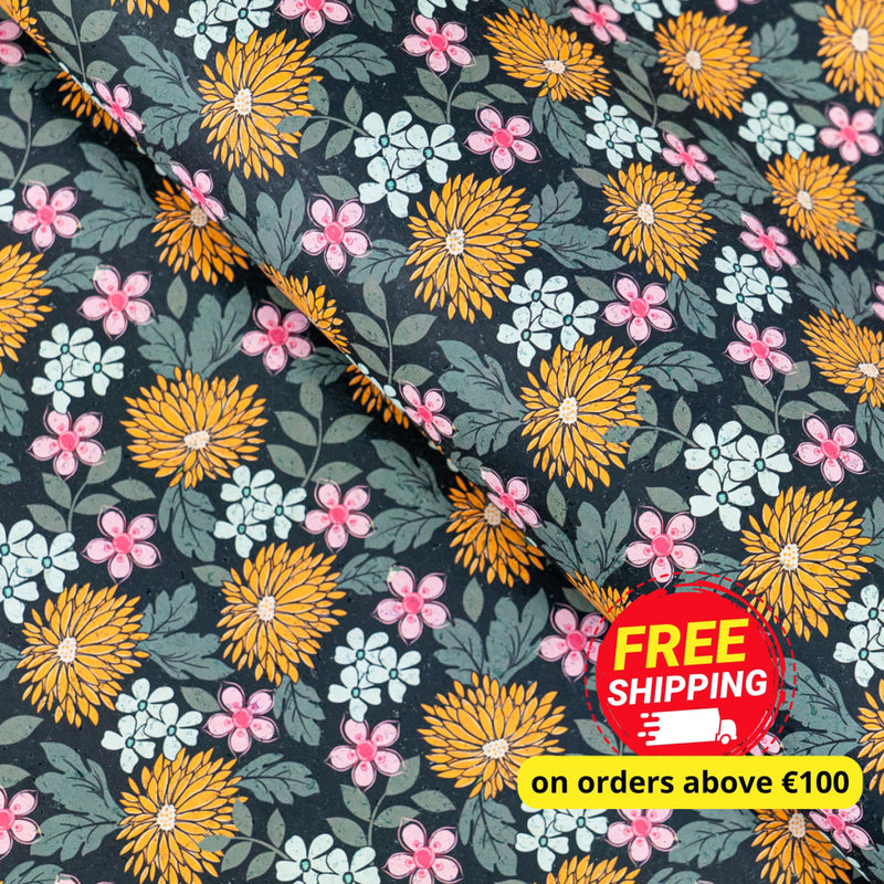 Printed Cork Fabric With Bold Chrysanthemum And Floral Design Cof-566 Cork Fabric