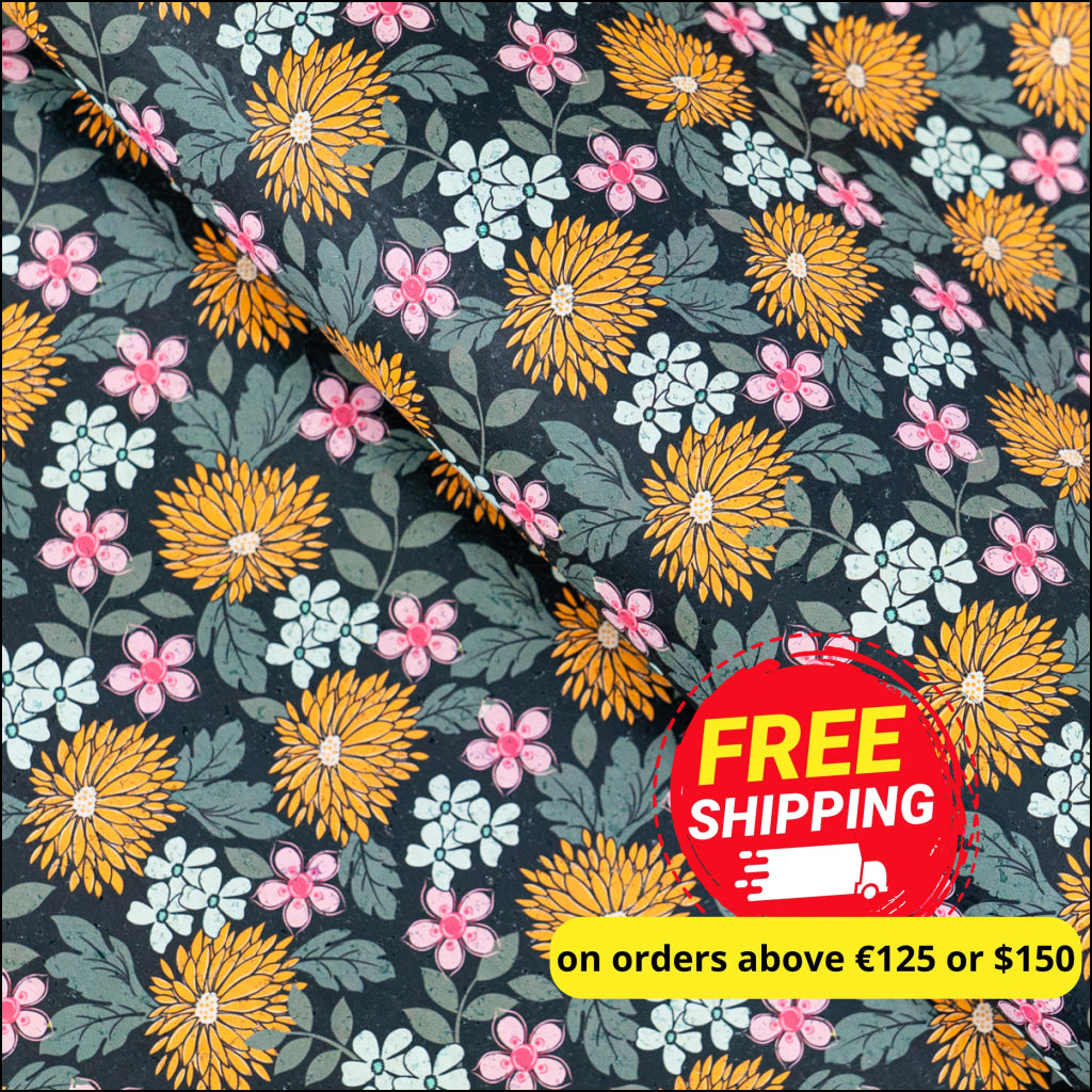 Printed Cork Fabric With Bold Chrysanthemum And Floral Design Cof-566 Cork Fabric