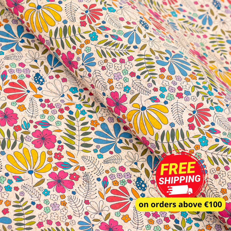 Printed Cork Fabric With Colorful Floral And Leaf Pattern Cof-555 Cork Fabric