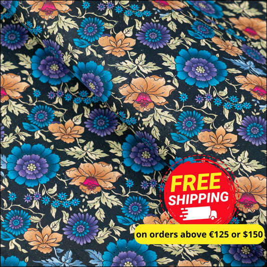 Printed Cork Fabric With Elegant Floral Design In Blue And Gold Tones Cof-559 Cork Fabric