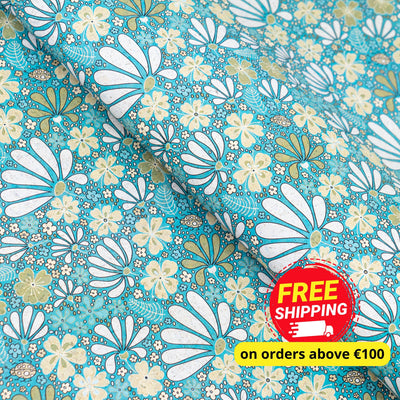 Printed Cork Fabric With Floral Design In Turquoise And Green Cof-550 Cork Fabric