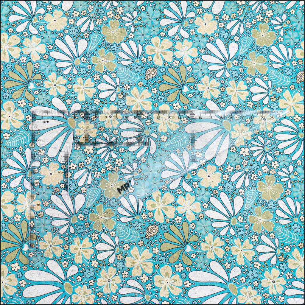 Printed Cork Fabric With Floral Design In Turquoise And Green Cof-550 Cork Fabric