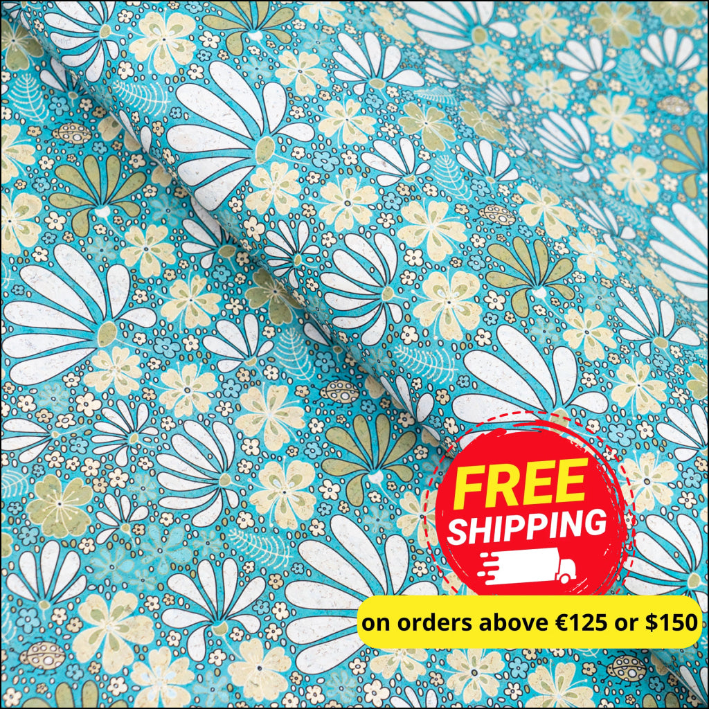 Printed Cork Fabric With Floral Design In Turquoise And Green Cof-550 Cork Fabric