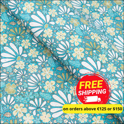 Printed Cork Fabric With Floral Design In Turquoise And Green Cof-550 Cork Fabric