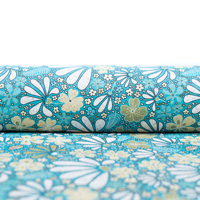 Printed Cork Fabric With Floral Design In Turquoise And Green Cof-550 Cork Fabric