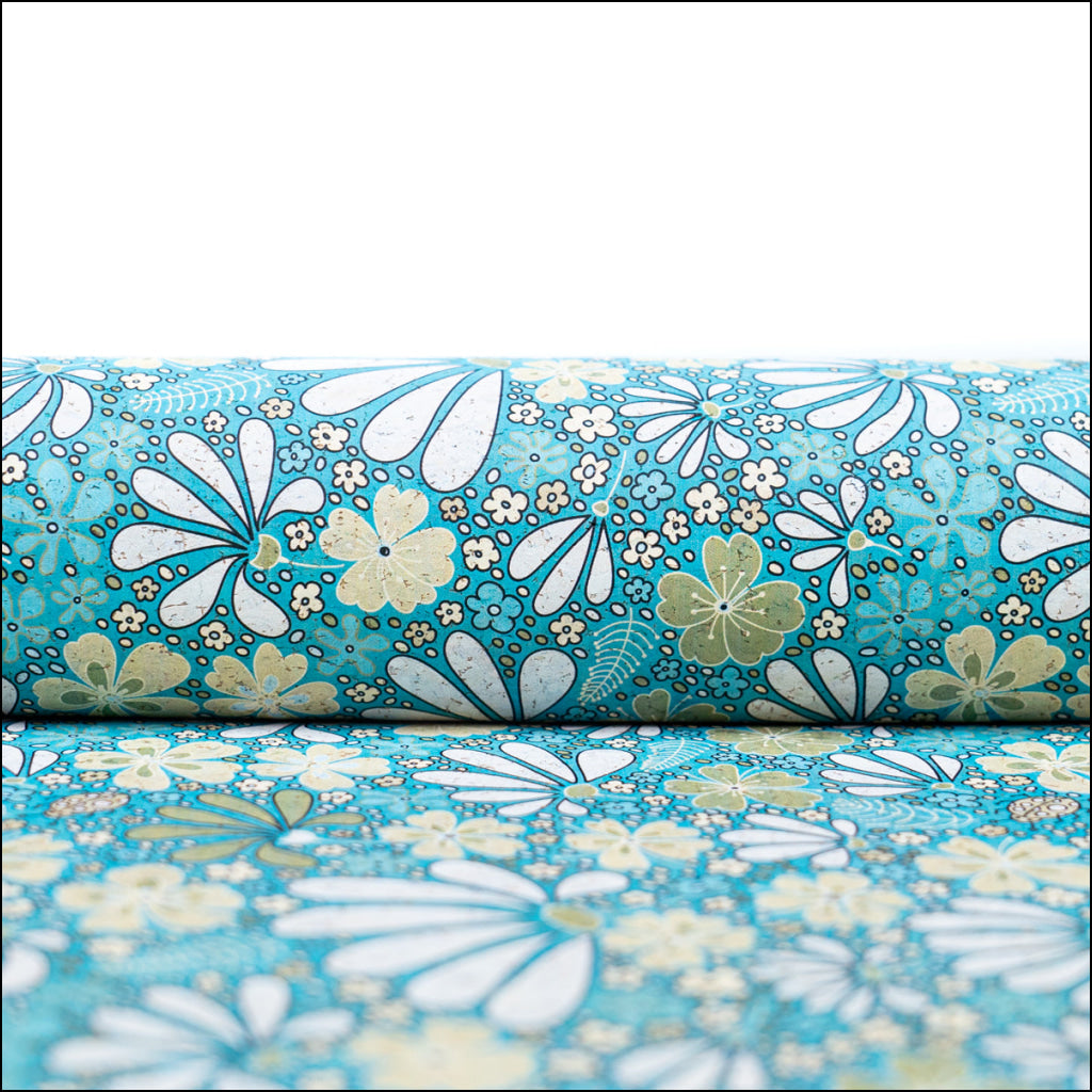 Printed Cork Fabric With Floral Design In Turquoise And Green Cof-550 Cork Fabric