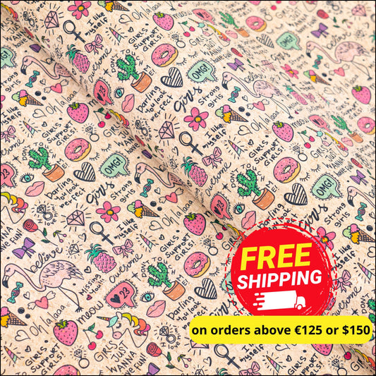 Printed Cork Fabric With Fun Doodles And Girl Power Design Cof-556 Cork Fabric