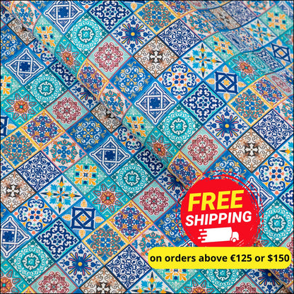 Printed Cork Fabric With Intricate Mosaic Tile Pattern Cof-562 Cork Fabric