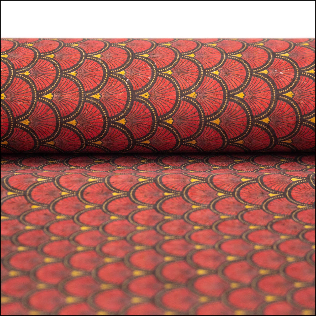 Red Fan Leaf Patterned Cork Fabric Cof-290 Cork Fabric
