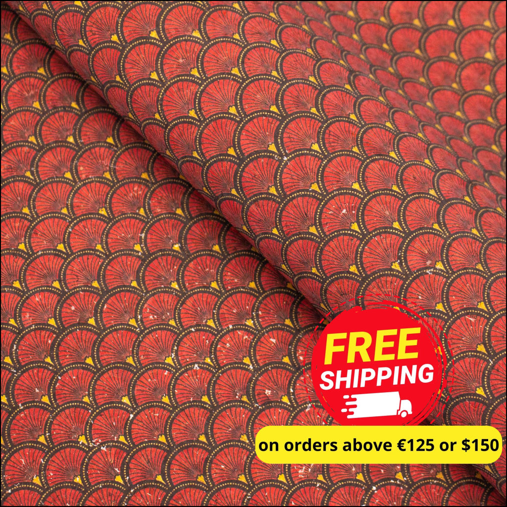 Red Fan Leaf Patterned Cork Fabric Cof-290 Cork Fabric