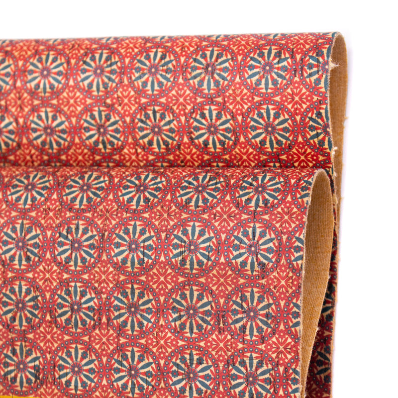 Red Round Geometric Shape Patterned Natural Cork Fabric Cof-400