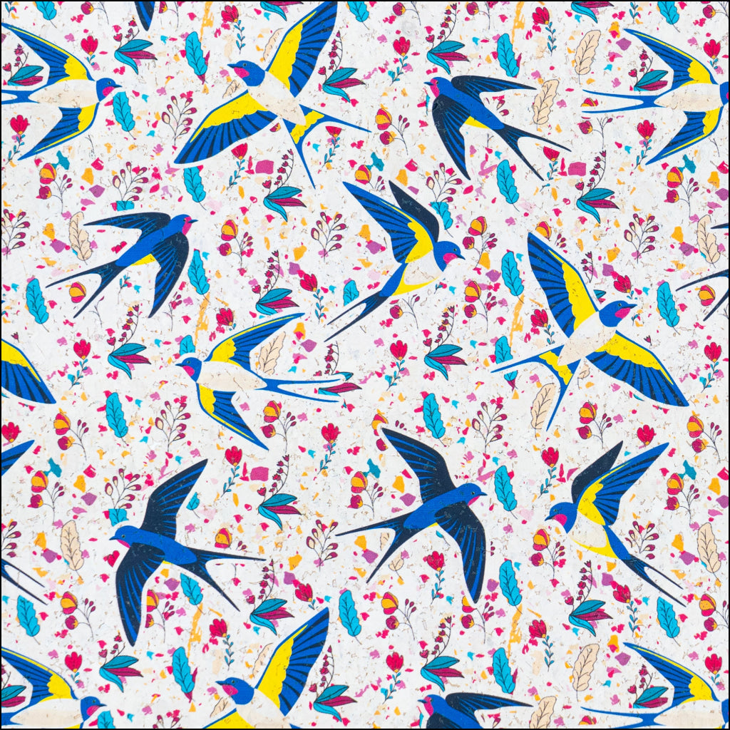 Swallow and Flowers Cork Fabric COF-648 cork fabric