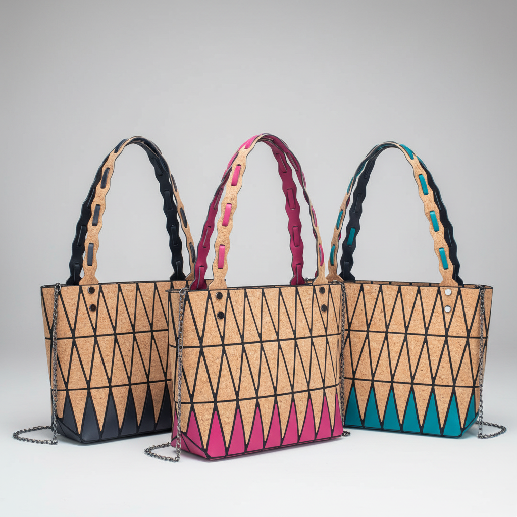 Three Geometric Cork Handbags Studio Photo