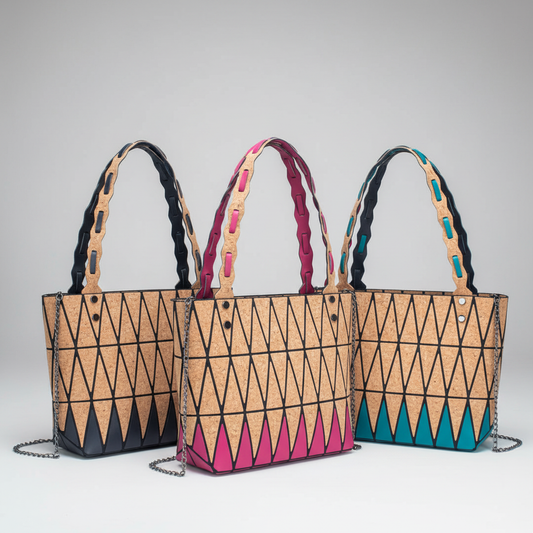 Three Geometric Cork Handbags Studio Photo