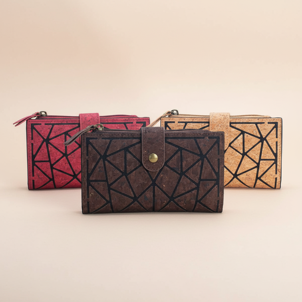 Three Geometric Cork Snap Wallets
