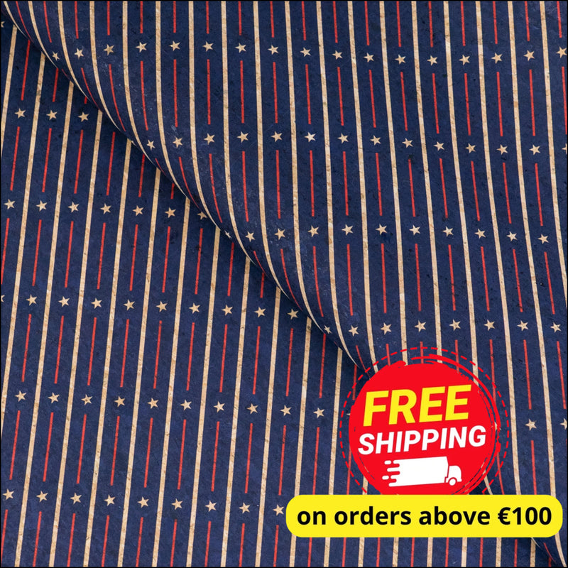 U.S.A. Collection: Natural Blue Cork Fabric with United States Flag Stars Pattern COF-795 1/2M (138*50 cm / 54*19
