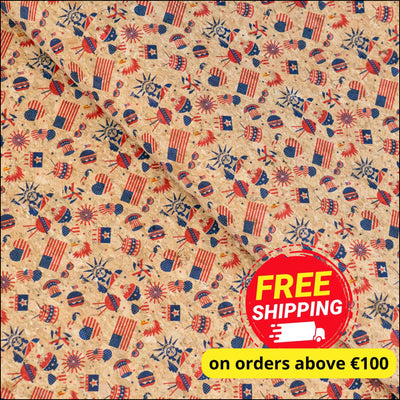 U.S.A. Collection: Natural Cork Fabric with United States Flags Statue of Liberty and Bald Eagle Pattern COF-794 1/2M