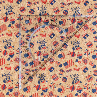 U.S.A. Collection: Natural Cork Fabric with United States Flags Statue of Liberty and Bald Eagle Pattern COF-794 1/2M