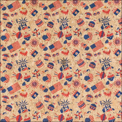 U.S.A. Collection: Natural Cork Fabric with United States Flags Statue of Liberty and Bald Eagle Pattern COF-794 1/2M