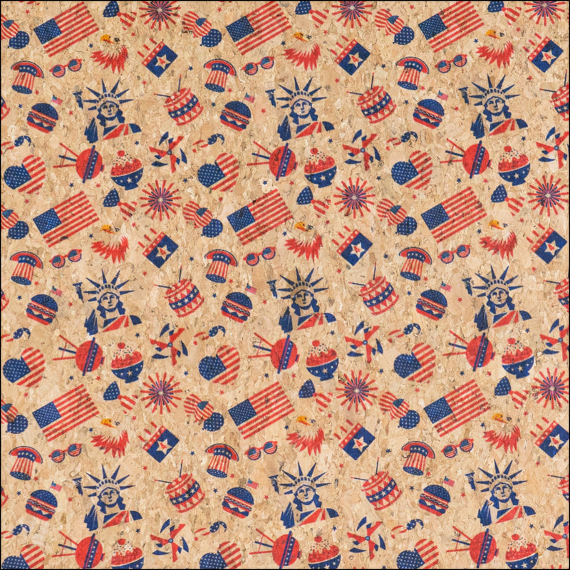 U.S.A. Collection: Natural Cork Fabric with United States Flags Statue of Liberty and Bald Eagle Pattern COF-794 1/2M