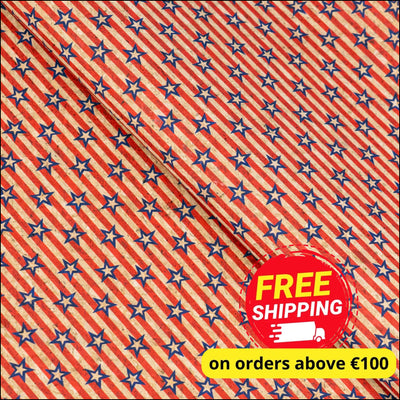 U.S.A. Collection: Natural Cork Fabric with United States of America Blue and Red Flag Stars Pattern COF-796 1/2M