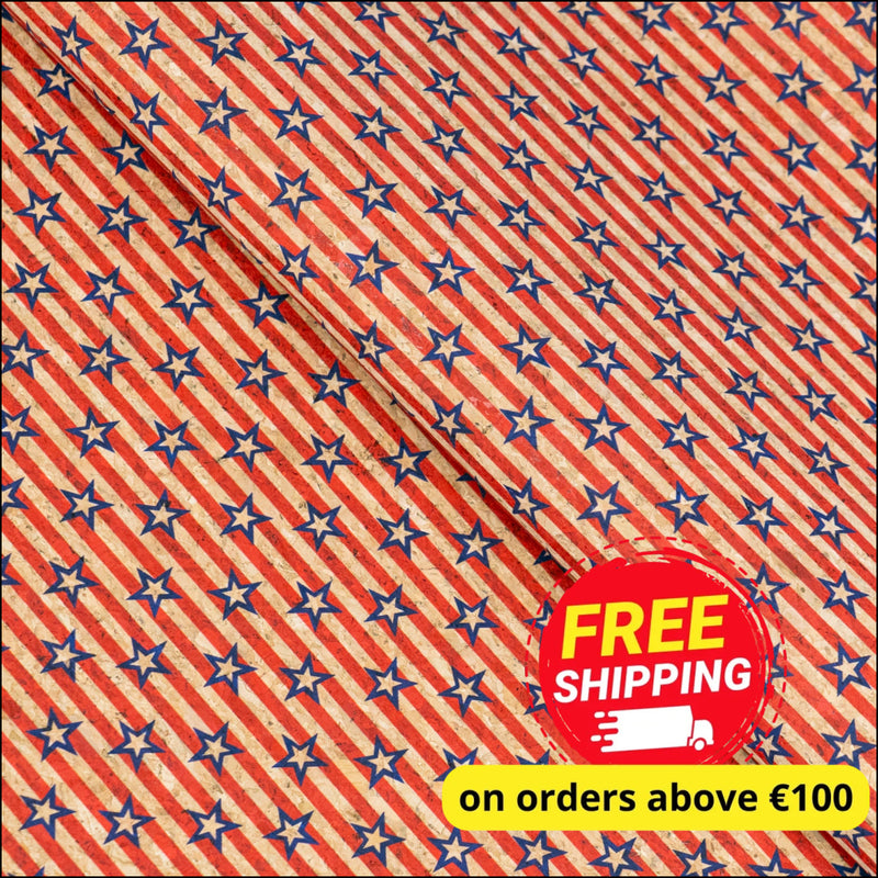 U.S.A. Collection: Natural Cork Fabric with United States of America Blue and Red Flag Stars Pattern COF-796 1/2M