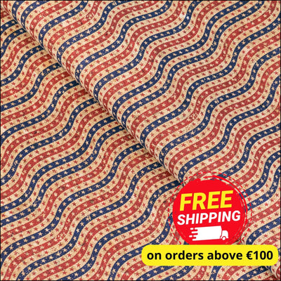 U.S.A. Collection: Natural Cork Fabric with United States of America Blue and Red Flag Stars Pattern COF-797 1/2M