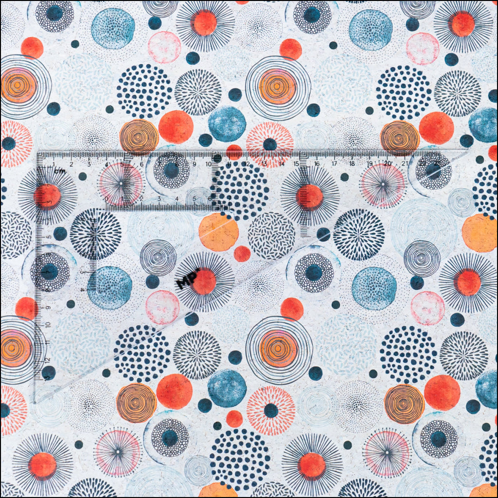 Vibrant Printed Cork Fabric With Artistic Circular Motif Design Cof-568 Cork Fabric