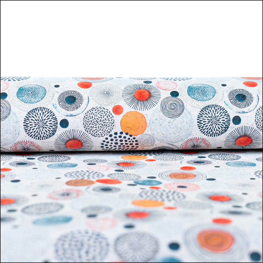 Vibrant Printed Cork Fabric With Artistic Circular Motif Design Cof-568 Cork Fabric
