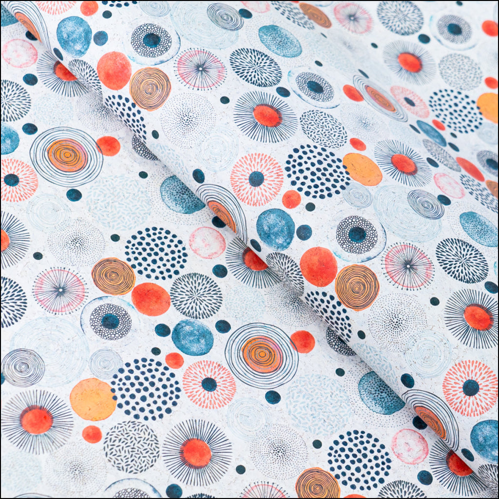 Vibrant Printed Cork Fabric with Artistic Circular Motif Design COF-568 cork fabric
