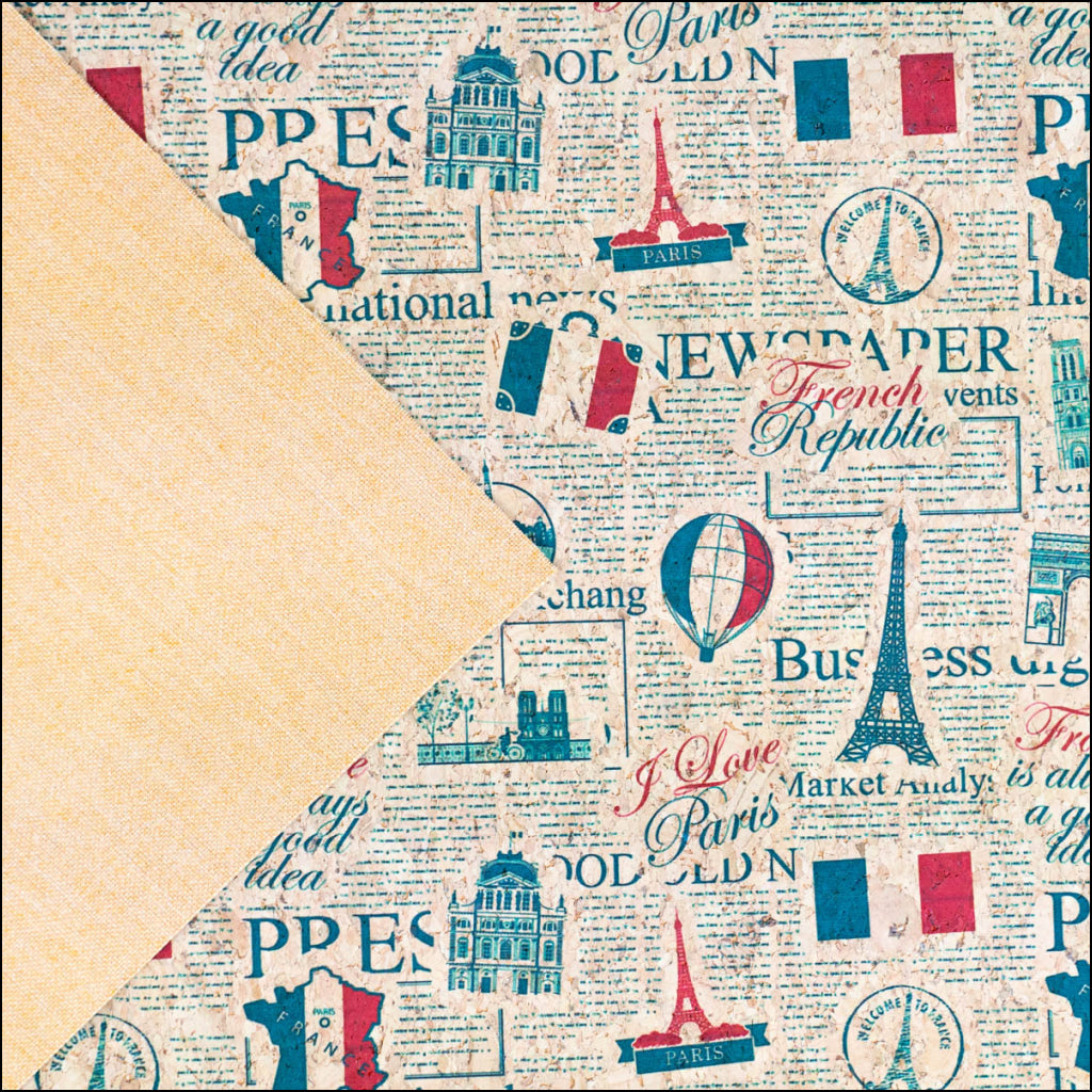 Vintage Newspaper French Landmarks Pattern On Cork Fabric Cof-504 Cork Fabric