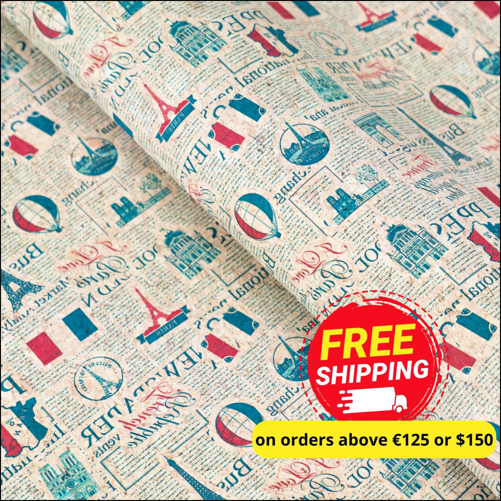 Vintage Newspaper French Landmarks Pattern On Cork Fabric Cof-504 Cork Fabric