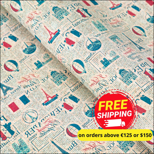 Vintage Newspaper French Landmarks Pattern On Cork Fabric Cof-504 Cork Fabric