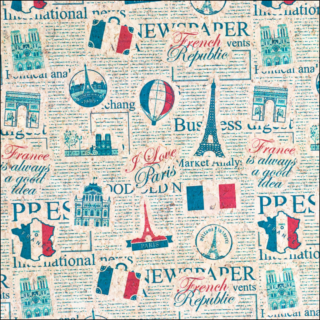 Vintage Newspaper French Landmarks Pattern On Cork Fabric Cof-504 Cork Fabric
