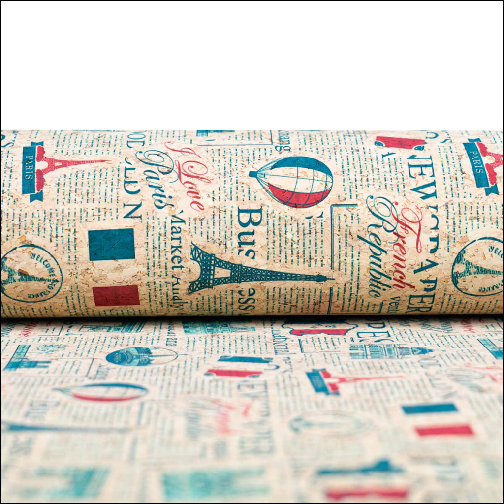 Vintage Newspaper French Landmarks Pattern On Cork Fabric Cof-504 Cork Fabric