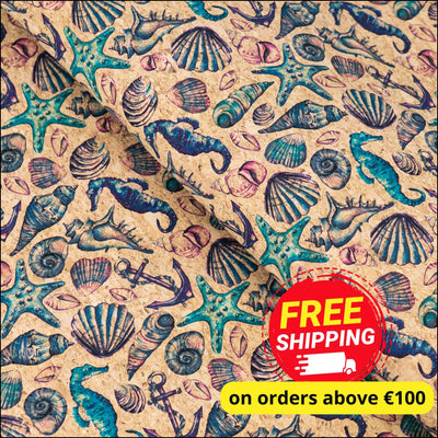 Vintage Seahorse & Shells Cork Fabric COF-637 cork fabric