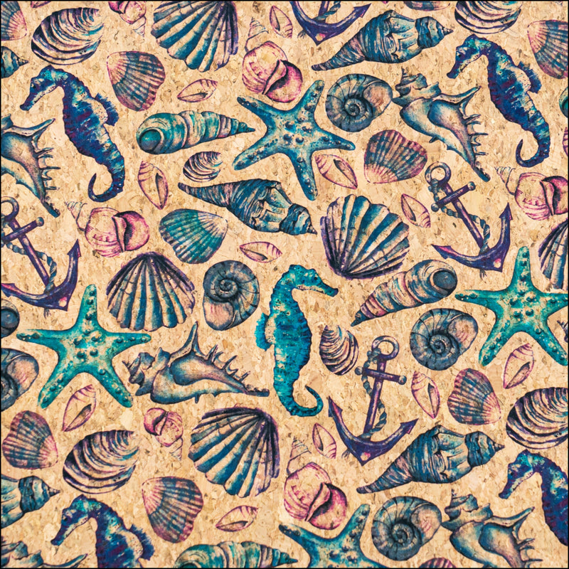 Vintage Seahorse & Shells Cork Fabric COF-637 cork fabric