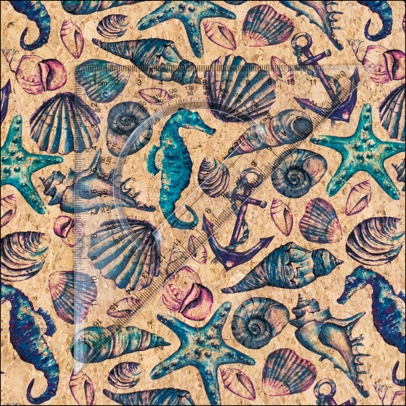 Vintage Seahorse & Shells Cork Fabric COF-637 cork fabric